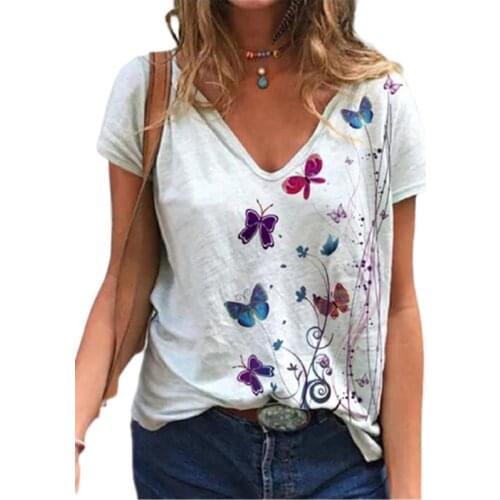 Tops Women 2021summer For Women Short Sleeve V-neck Butterfly Print T-shirts Casual Streetwear Loose Ladies Tee Plus Size