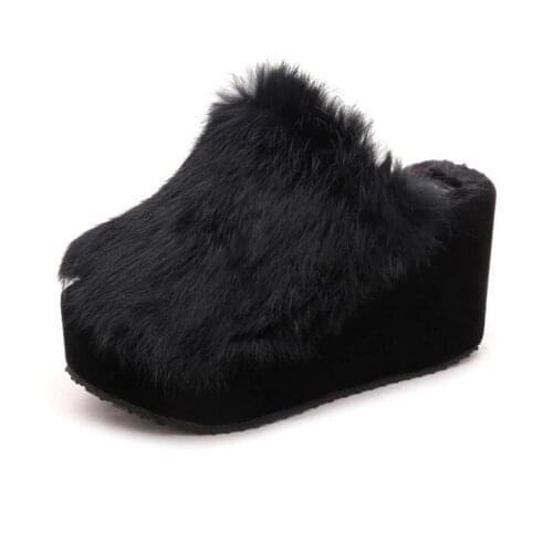 Fall winter new large fur rabbit 9cm wedges heel slippers wholesale fashion women thick plush slippers platform warm slippers