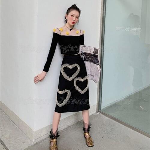 Fashion Slim Women 2pcs Dress Sets Yellow Plush Flower Stitching Mesh Short t-shirt Tops + Pleated Back Slit High Waist Skirt