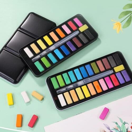 12/18/24 Colors Solid Pigment Watercolor Paint Set With Paint Brush Portable Drawing School Acrylic Professional Art Supplies