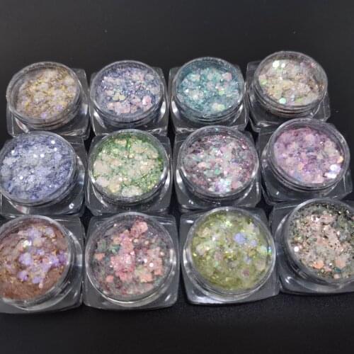 12pcs/Kits Laser Mermaid Sequins Hexagon Paillette Nail Art Mix-Size Flake Nail Tips Decorations Manicure Glitter Sequins#12JARS