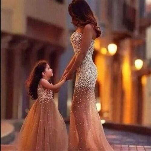 2 Pieces Mother With Daughter Dresses Beads Flower Girl Dress For Wedding Tulle Lush vestido infantil платья знаменитостей