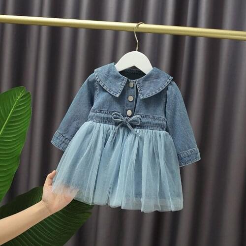 2021 Spring Denim Girls Dresses Children Clothes Baby Girls Dress Kids Prince Dress Baby Girls Dress Girls Meshwork Outwear MM19