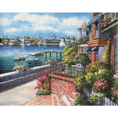 Free shipping Mediterranean sea flower house seascape oil painting canvas painting prints on canvas wall art decoration picture