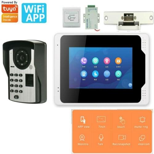 Tuya APP Control 7 Inch Monitor Wifi Wireless Video Door Phone Doorbell Intercom Fingerprint Password IR Camera KIT