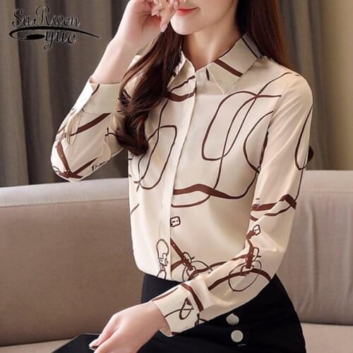 Spring New Fashion Apricot Print Long Sleeve Women Tops and Blouses Silk Elegant Womens Shirts Print Female Slim 8395 50