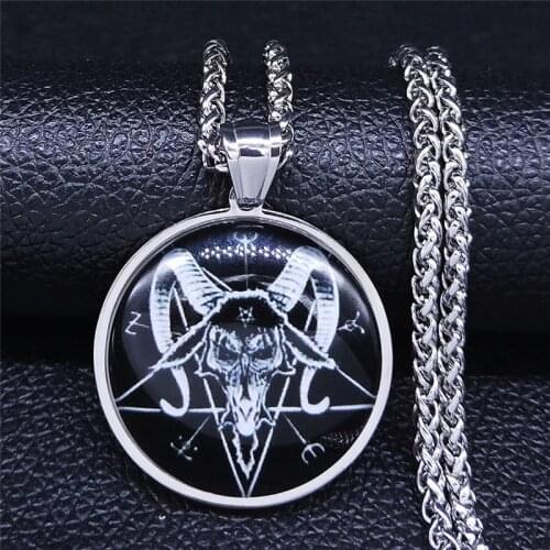 Stainless Steel Glass Long Necklace Silver Color Pour Pentagram Goat Head Satan Necklace Pendant Women Jewelry cadena NXS03