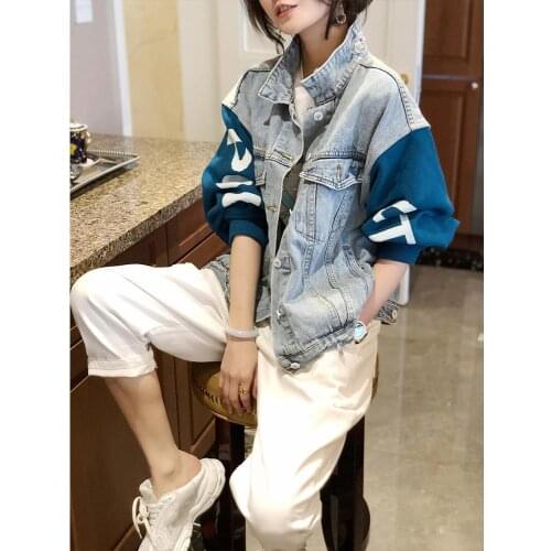 Personalized stitching Denim Jacket Womens short loose Korean version large size small man spring and autumn 2021 new style