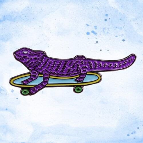 Cute Lizard Riding a Skateboard meme enamel pin Leopard Gecko reptiles brooch