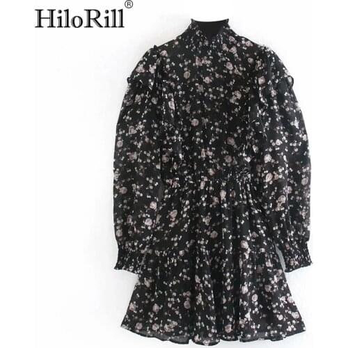HiloRill Elegant A-line Ruffles Dress Women Floral Print Elastic Waist Chiffon Mini Dress Long Sleeve Turtleneck Chic Dresses