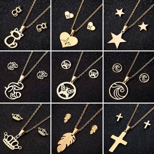 Stainless Steel Necklace Earrings Set Fashion Jewelry for Women 2020 Cute Cat Star Leaf Heartbeat Necklaces Pendants Brincos