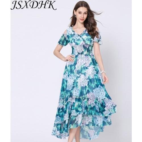 JSXDHK Runway Women Holiday Dress Summer Green Print Hydrangea Chiffon Off Shoulder Dresses Vintage Ruffles V Neck Maxi Sundress