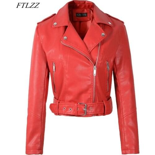FTLZZ Women Faux Soft Leather Short Jacket Rivet Epaulet Zipper Pu Motorcycle Basic Jackets Female Red Black Outerwear With Belt