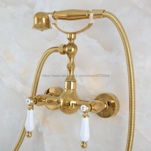 Gold Color Brass Wall Mounted Bathroom Basin Mixer Tap With Hand Shower Head Bath & Shower Faucet Nna833