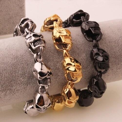 15mm Cool Biker Fashion Stainless Steel Gold/Silver Color/Black Skull Chain Bracelet Mens Boys Biker Wristband Jewelry Xmas Gift
