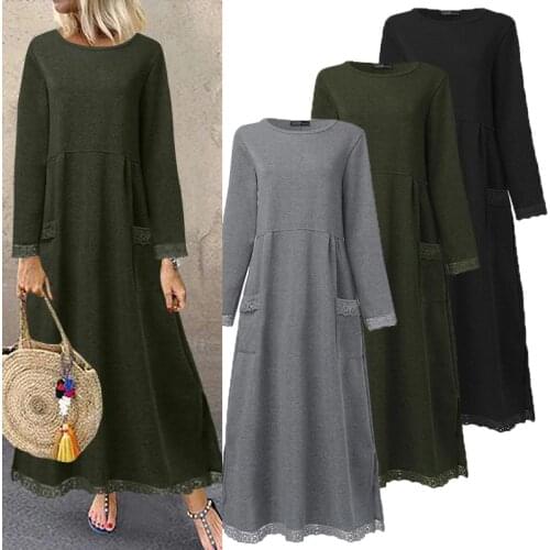 Fashion Womens Autumn Sundress ZANZEA 2021 Lace Patchwork Sweatshirts Dress Female Hoodies Maxi Vestidos Pullover