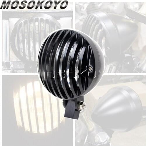 Motorcycle Headlight H4 Bulb Head Lights Vintage Lamp For Harley Cafe Racer Cruisers Aluminum Billet Headlights w/ Grill Cover