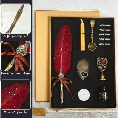 Feather Pen Set Quill Calligraphy Dip Fountain Pen Ink with Nibs Seal Stamp Wax Sticks for Thanksgiving Birthday Stationery Gift
