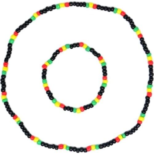 Rasta Reggae Punk Hiphop Glass Seed Beads Necklace and Bracelet Jewelry Set Elastic Stretch Necklaces Fashion Jewelry