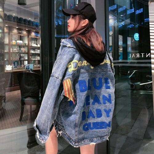 Spring New Fashion All-match Women Letter Embroidered Denim Jacket Chic Denim Jacket Female Loose BF Ripped Denim Jacket