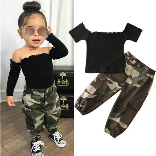 1-6Y Baby Girls Clothes Sets 2021 Kids Off Shoulder T-shirt Tops +Camouflage Pocket Sweatpants Children Tracksuits Girls Outfits