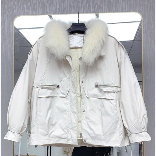 Down jacket women 2021 winter new style Korean fashion white duck down large fur collar long-sleeved jacket