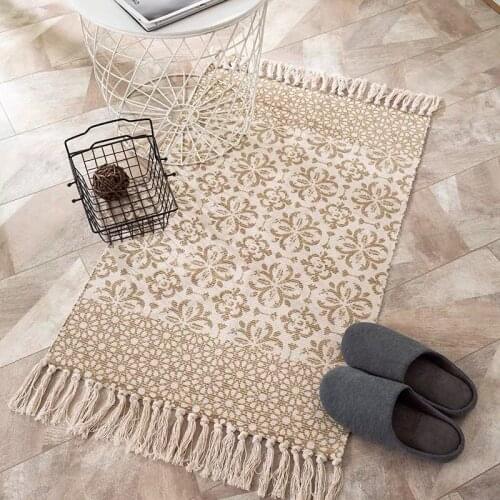 Nordic Simple Tassel Carpets Hand Made Cotton Linen Ethnic Style Geometric Carpet Door Foot Bedroom Non-slip Rug For Living Room