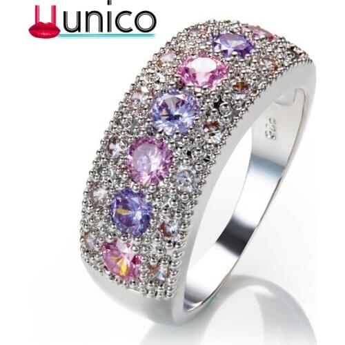 UUNICO Fashion Charm 3 Row 2 color Lines Clear zricon Finger Rings for Women Men Classic Wedding Rhinestone Stainless Steel Ring