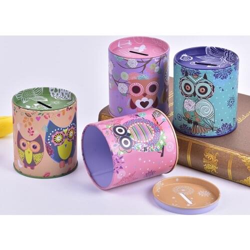 Vintage Owl Piggy Bank Tinplate Piggy Bank Childrens Gifts Home Decoration Kid Gift Round Piggy Bank Money Box kawaii
