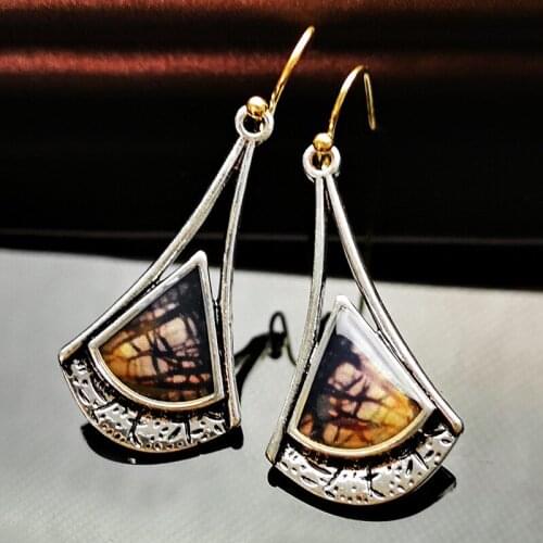 Vintage Silver Color Ginkgo Biloba Drop Earrings For Women Bohemian Brown Sector Plant ginkgo Leaf Resin Earrings