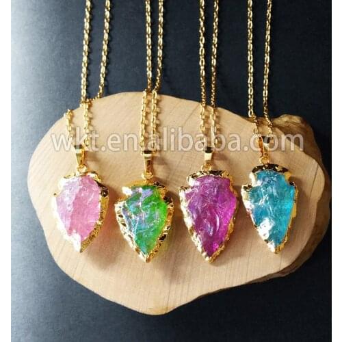 WT-N569 natural crystal quartz with titanium electroplated arrow stone necklace,colorful arrowhead crystal quartz stone necklace