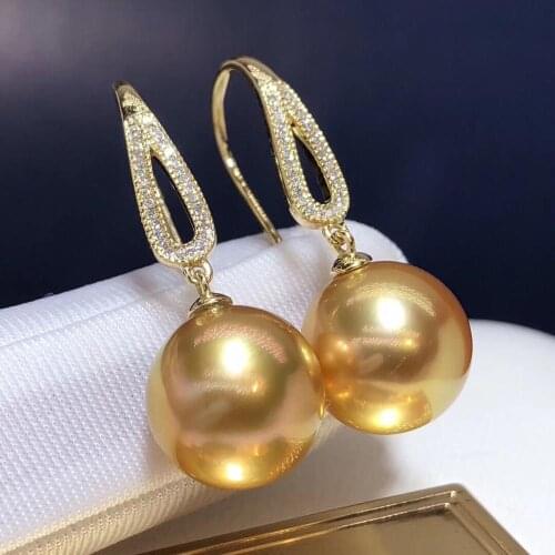 Fine Jewelry Pure 18 K Yellow Gold Natural Philippine 11-12mm Ocean Golden Round Pearl Earrings for Women Fine Pearl Earrings
