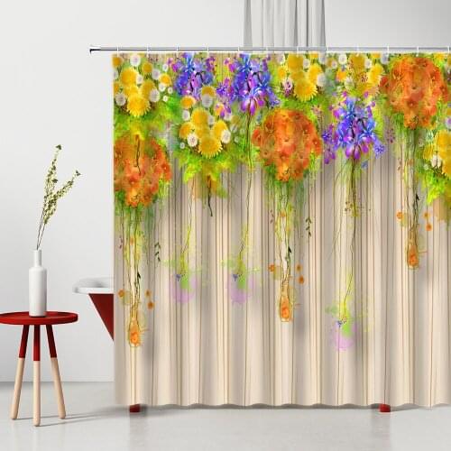 Colorful Flowers Shower Curtain Oil Painting Floral Wood Grain Background Wall Decor Washable Home Supplies Bathroom Curtains