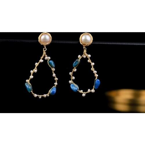 Boho Woman Statement Earrings Baroque Pearls Drop Earring Handmade Ethnic Earrings with Kyanite for Bride/Girls 56mm*30mm