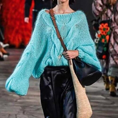 New Autumn Winter Streetwear Handmade Mohair Sweater Lantern Sleeve Loose Knitted Sweaters Line Pullovers Knitwear Outwear Coats