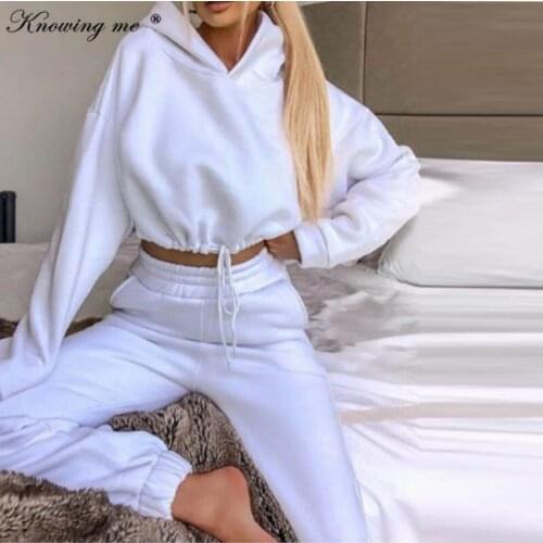 Women Crop Top Sweatshirt+Long Jogger Pants Hooded 2 Pieces Sets Female Casual Solid color Hoodies sport 2 pcs Suits tracksuit