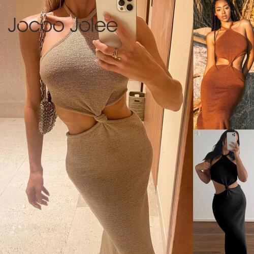 Women Sexy Halter Neck Off the Shoulder Bodycon Long Dress Elegant Hollow Out Backless Skinny Dress Y2K Vintage Knitted Dress