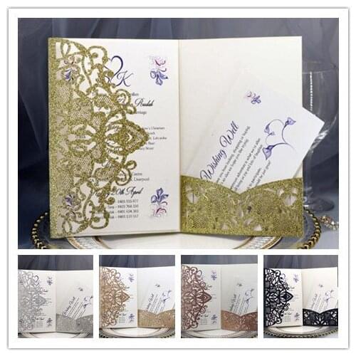 100SET/LOT Glitter Special Paper Made Laer Cut Wedding Invitation With 2PCS Inner Card Card 5 Color Available