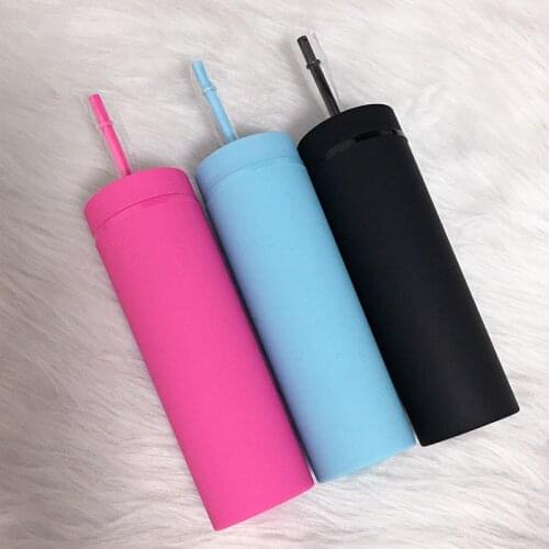 16oz Skinny Tumbler With Lids And Straw Matte Pastel Colored Reusable Plastic Cups Spray Painted Acrylic Tumbler For Party Gifts