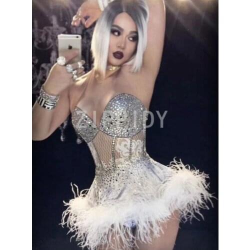 2018 Birthday Celebrate Dress Glisten Rhinestones White Feather Dress Nightclub Party Singer Costume Dance Show 2 Piece Outfit