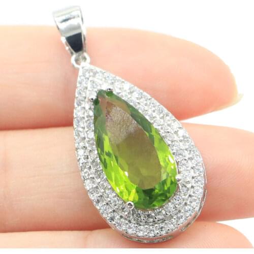 30x20mm Delicate Fine Cut Created Green Amethyst CZ For Women Dating Eye Catching Silver Pendant Eye Catching