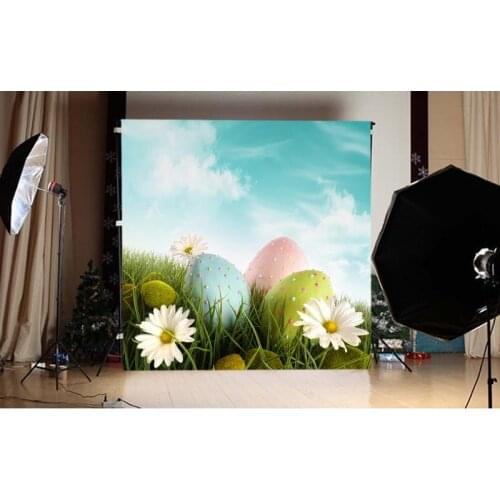 3x5ft Spring Happy Easter Eggs Background For Children Blue Sky Greenland Flowers Custom Photography Backdrops Photographic Prop