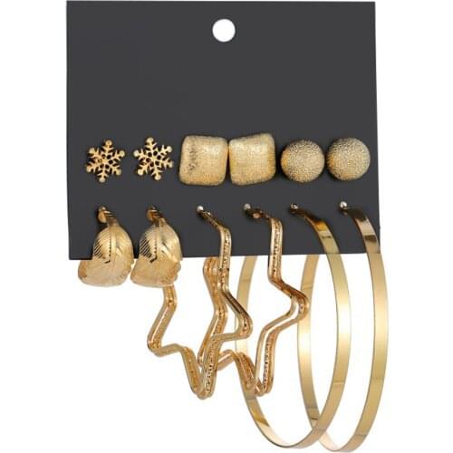 6Pairs Womens Fashion Xmas Earrings Geometric Snowflake Pentagram Ear Studs Set Christmas Gifts