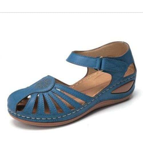 Wedges Shoes For Women High Heels Sandals Summer Shoes PU 5.5CM Wedges High Heels Round Toe Shallow Back Strap Cutout Retro