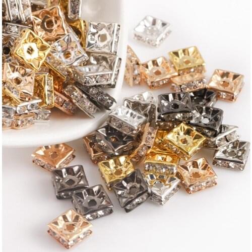 100pcs Gold/Silver Plated Square Rhinestone Rondelle Crystal Big Hole Spacer Beads for DIY Jewelry Making Accessories Supplies
