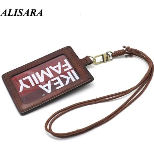 Alisara ID Badge Case Top cowhide leather Retractable Lanyard Vertical ID Holder Keychain Business Bus Name Tag Holders Key