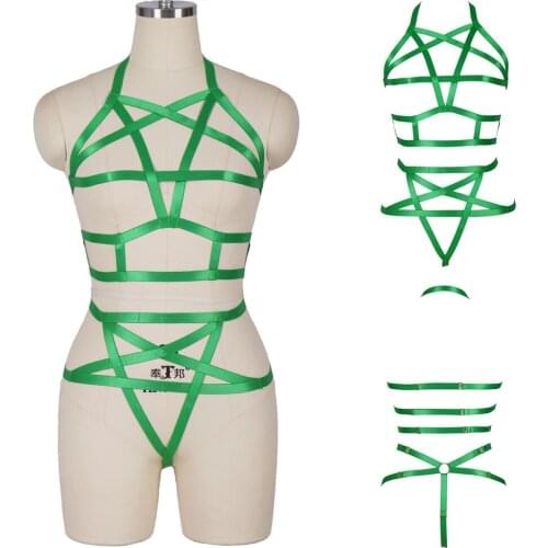 Strappy Pentagram Full Body Harness Bra Goth Punk Cage Suspender Stockings Women Sexy Lingerie Set Festival Rave Clothes Garters