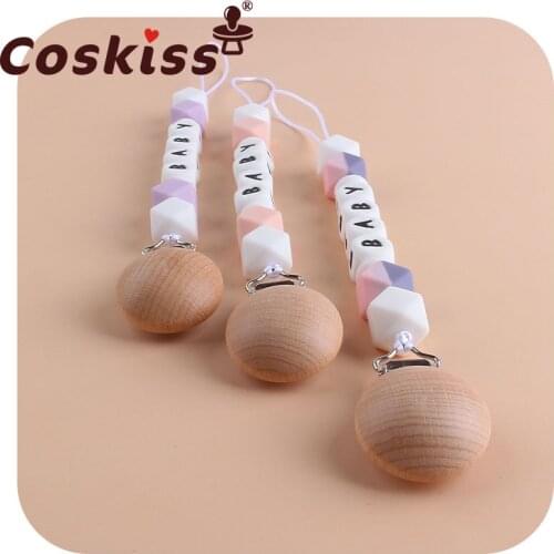 Coskiss Personalized Name Food Grade Two-Color Silicone Hexagon Pacifier Clips Chain for Baby Teething Customized Name Gift