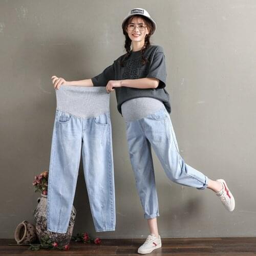 Maternity Denim Jeans Elastic All-match Stonewashed Waist Belly Loose Thin Pencil Trousers Pregnant Women Pregnancy Nine Pants