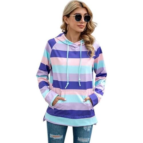 Contrast Color Stripe Pocket Patchwork Drawstring Long Sleeve Hoodies Women Casual Pullovers Plus Size Streetwear Loose Tops